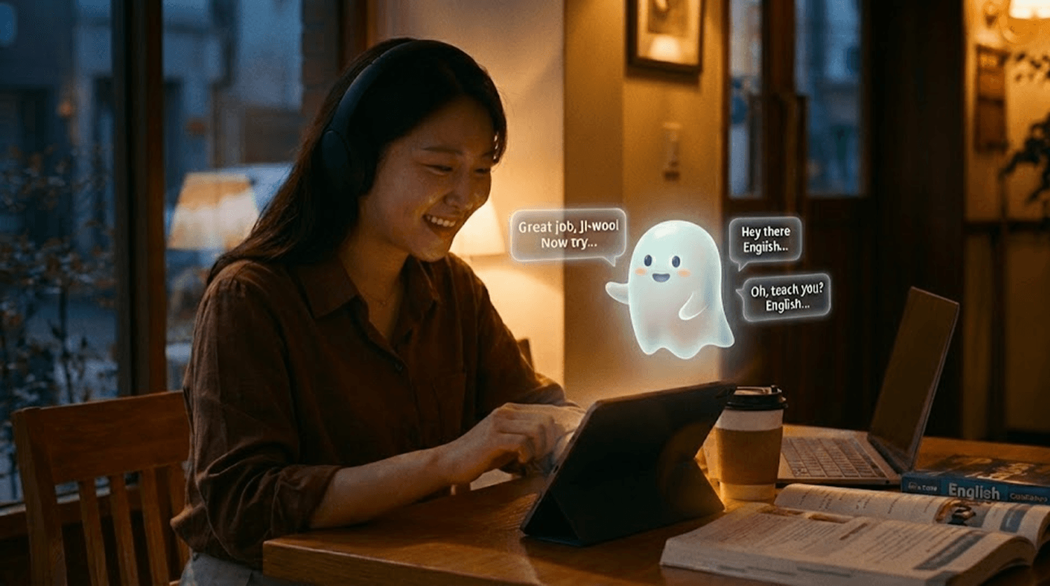 AI 영어회화 학습으로 영어 실력을 키우는 직장인 여성