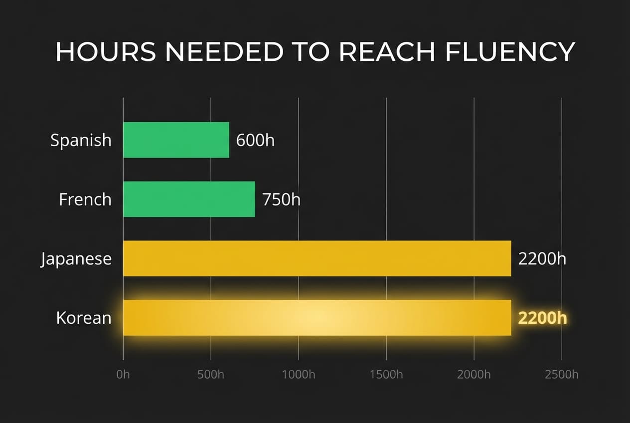 언어별 유창성 도달까지 필요한 학습 시간 비교 인포그래픽